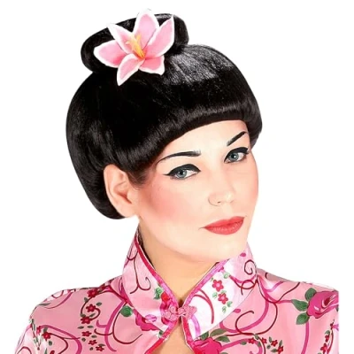 Afbeelding van Widmann Geisha Kostuum Pruik, Fujiko Met Bloem Zwart Carnavalskleding Verkleedkleding