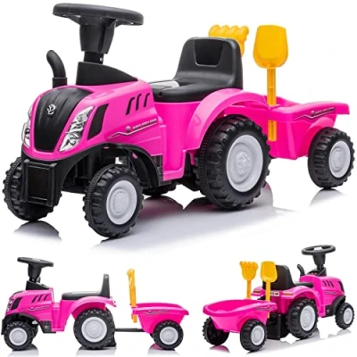 Afbeelding van Kinderglijauto New Holland Voertuig, tractor met aanhanger, loopwagen voor kinderen claxon, kunststof (roze)