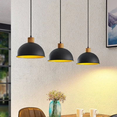 Afbeelding van Lindby hanglamp 3lichts ijzer, rubberboomhout H: 17.5 cm E27 zandzwart, goud, hout
