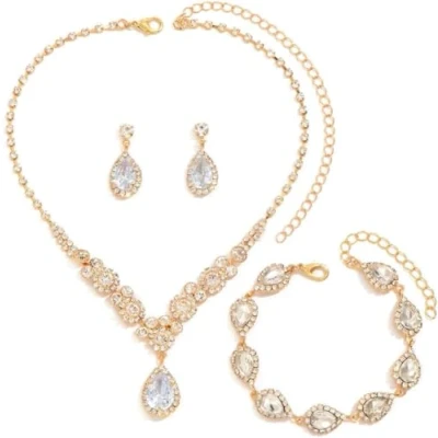 Afbeelding van FDEETY Sieradenset voor dames met halsketting, armband en hangende oorbellen bruid, bruidsmeisje, kristal zirkonia, Zink goud edelsteen