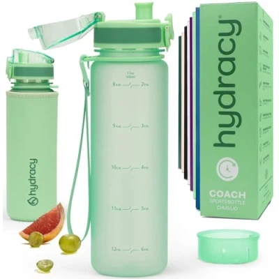 Afbeelding van Hydracy Waterfles, 500 ml, BPA vrij, fles met tijdmarkering, infuser en veilige vergrendeling, neopreen hoes, waterdicht, lekvrij, herbruikbaar, licht, ideaal voor sport, school