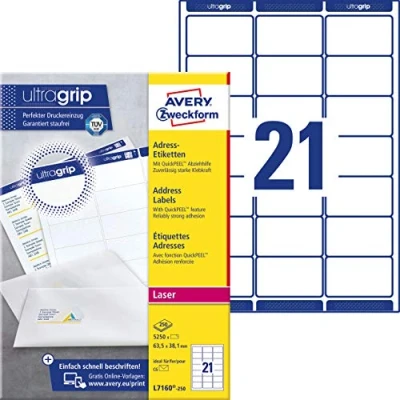 Afbeelding van Avery Dennison L7160 250 adresetiketten 63,5 x 38,1 mm, vellen