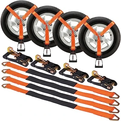 Image de VEVOR Kit de Sangles d&#039;Arrimage pour Jante 4PCs, Pneu à Cliquet 5,08x305 cm, Charge Travail 2500 kg, Résistance la Rupture 5000 Remorque Transport VTT Moto Camion SUV