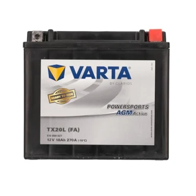 Image de VARTA Batterie moto 18 Ah / 270 A Powersports Active AGM longue durée de vie, préchargée, sans entretien, adaptée aux motos, scooters, quads, jet skis et motoneiges, noire