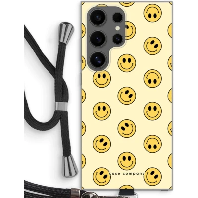 Afbeelding van Case Company® hoesje met Koord geschikt voor Samsung Galaxy S24 Ultra Smiley N2 Telefoonhoesje Zwart Bescherming aan alle Kanten en Over de Schermrand