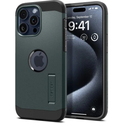 Afbeelding van Spigen Tough Armor Hoesje geschikt voor Apple iPhone 15 Pro Max Compatible met MagSafe Back Cover Uitklapbare Kick Stand Groen
