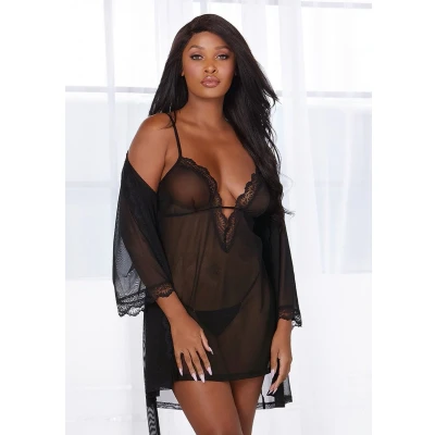 Afbeelding van Dreamgirl (All) Set van Stretch Mesh Nachthemd en Badjas black S
