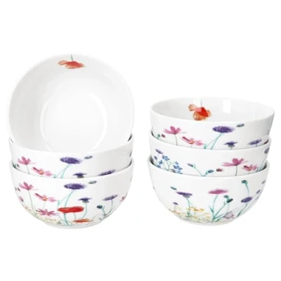 Afbeelding van MamboCat Marie Set van 6 mueslikommen 14 cm I 400 ml porseleinen kom met bloemenweidedecoratie voor personen kommen salade, soep, muesli, chips enz.