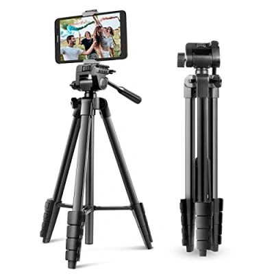 Afbeelding van Ubeesize camera statief, 163 cm draagbare statief met afstandsbediening en mobiele telefoonhouder, aluminium fotostatief voor video opname