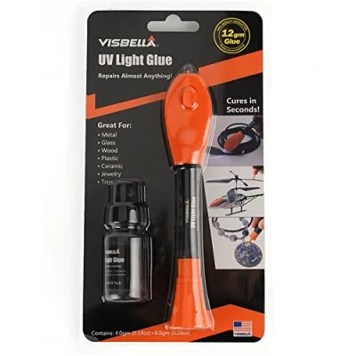 Afbeelding van Visbella uv lijmset met lamp, reparatiesysteem uithardende lijm voor glas, metaal, hout, leer en kunststof, het binden, fixeren, modelleren, repareren (4 + 8 g)