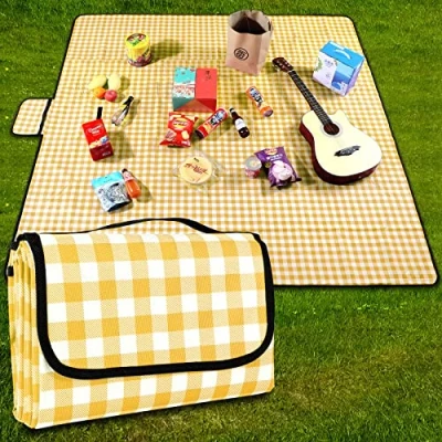 Afbeelding van Picknickdeken 200cm x waterdichte stranddeken picknickmat wasbaar lichtgewicht met handvat geel geruit voor wandelen reizen camping parken