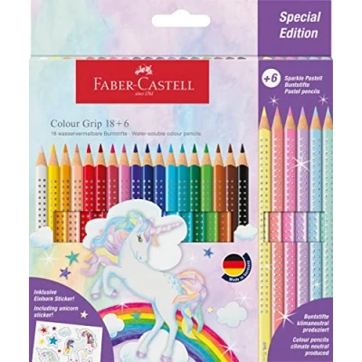 Afbeelding van Faber Castell kleurpotloden grip unicorn 18 colour + 6 sparkle pastel stickers FC 201543