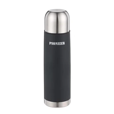 Afbeelding van Pioneer Dubbelwandige thermosfles, BPA vrij, van roestvrij staal, 18/10, met drukknop en beker, 1 l, zwart, 8 uur warm, 100% lekvrij