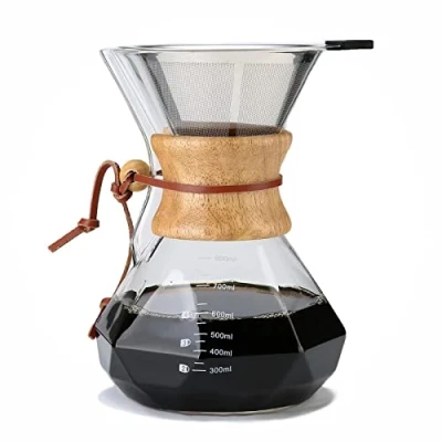 Afbeelding van Lalord Giet Over koffiezetapparaat, 800 ml borosilicaatglas, dubbellaags filter van roestvrij staal en moderne houten ketting, glazen koffie infuser, kan 4 6 bevatten