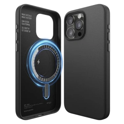 Afbeelding van elago Magnetische leren hoes compatibel met iPhone 15 Pro Max, alle MagSafe accessoires, 6,7 inch, geïntegreerde magneten, veganistisch leer, schokbestendig, waterdicht [zwart]