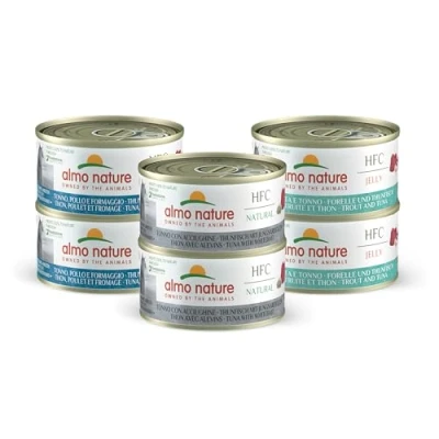 Afbeelding van 6x70g HFC Mixpakket Tonijn (3 Smaken) Almo Nature Kattenvoer