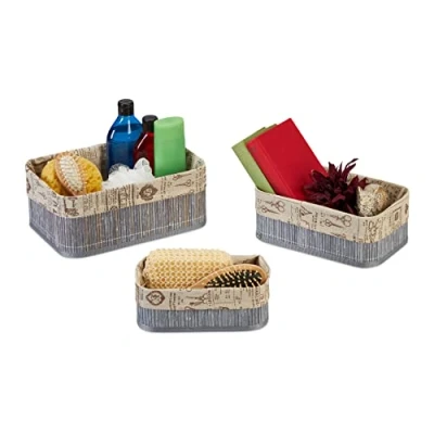 Afbeelding van Relaxdays opbergmand set van 3 kastmand speelgoed make up bamboe &amp; stof grijs