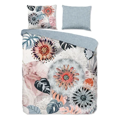 Afbeelding van Flanellen Dekbedovertrek 200x200 cm Bloemen en Bladeren Print Grijs/Roze 2 Persoons 100% Katoen Flanel