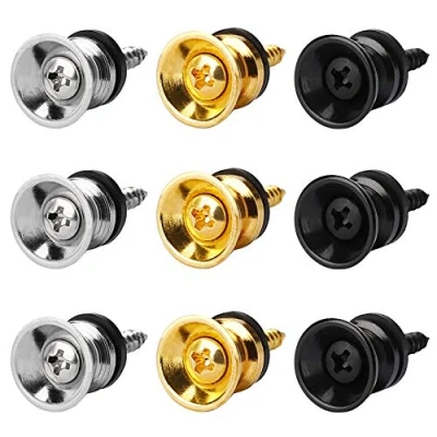 Afbeelding van MengH SHOP Gitaarriem, knop, gitaarbandsloten van metaal, met schroeven en rubberen kussens, voor akoestische gitaar, bas, ukelele, 9 stuks (goud, zilver, zwart), goud,