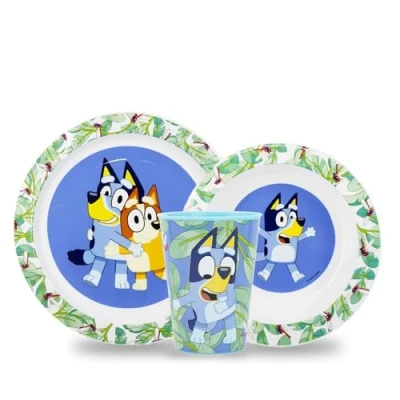 Afbeelding van Sorrisini Herbruikbare kinderserviesset, kinderborden voor kleuterschool, Scoula, babyhavermoutset met bord, kom, glas 260, harde plastic havermout voorspenen set, Bluey