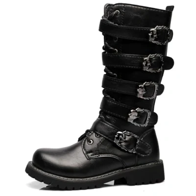 Afbeelding van DJFOG Punk Rock Motorlaarzen voor heren, retro halfhoge kuitlaarzen met metalen gesp, militaire veterlaarzen van zacht kunstleer, stevige buitenzool, Zwart
