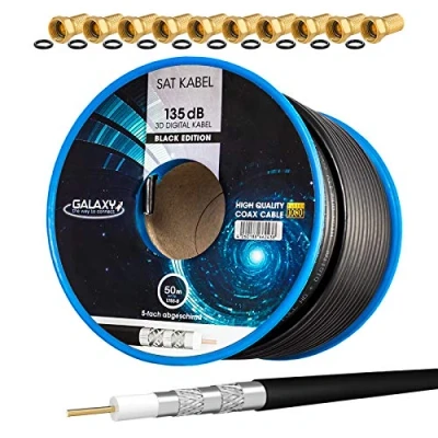 Afbeelding van HB DIGITAL Set: 50 m 135 dB coaxiale satellietkabel zwart + 10 x F stekker verguld CCS (staalkoper) satelliet antennekabel 5 afgeschermd voor DVB S/S2 C/C2 T/T2 DAB+ installaties