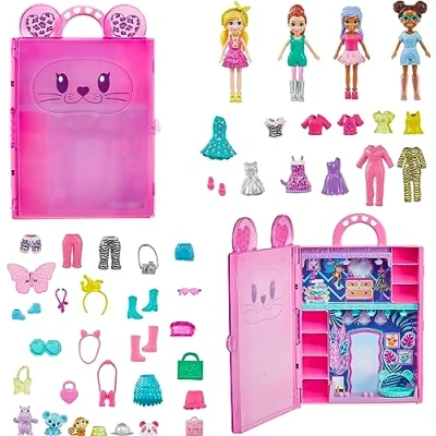 Afbeelding van Polly Pocket Speelset met 4 poppen (7,6 cm), 3 huisdieren en 50 accessoires, Stylin&#039; Safari Fashion Collection draagtas