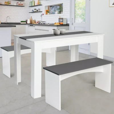 Afbeelding van Ensemble table à manger et 2 bancs ROZY 4 personnes blanc gris 110 cm