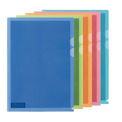 Afbeelding van PLUS Japan transparante hoes camouflage privacybescherming DIN A4 doos 5 stuks blauw groen oranje roze transparant