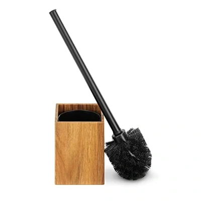 Afbeelding van Navaris wc borstel en houder uit acaciahout Moderne toiletborstelhouder Vrijstaande Zwarte toiletborstel met houten