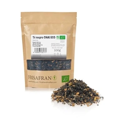 Image de FRISAFRAN thé noir chai en vrac Bio 100g Antioxydant Énergisant Anti inflammatoire détox décaféiné naturel sans additifs aux épices Mélange instantané de poudre