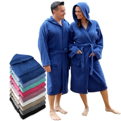 Afbeelding van LEBENGOOD Uniseks badjas met capuchon, 100% katoen, badstof, 400 g, zakken, zachte badjas, douchehanddoek voor dames, Blauw