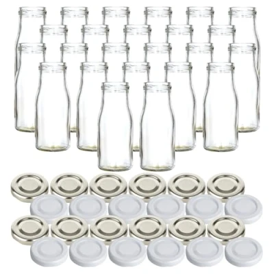 Afbeelding van gouveo Set van 24 glazen flessen 150 ml Smoothie met schroefdeksel in zilver en wit, kleine sapfles 0,15 liter TO43 sluiting, lege fles ideaal voor sap smoothies