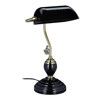 Afbeelding van Relaxdays Banklamp, kantelbare glazen lampenkap, houten voet, E27 fitting, retro bureaulamp, boekenlamp, zwart, 44 x 26 19 cm