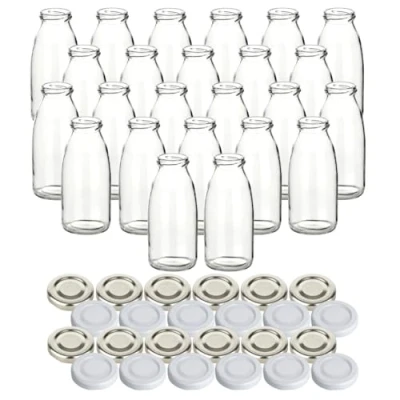 Afbeelding van gouveo Set van 24 glazen flessen 250 ml &quot;sap&quot; met schroefdeksel in zilver en wit kleine sapfles 0,25 liter TO43 sluiting lege fles ideaal voor sap smoothies