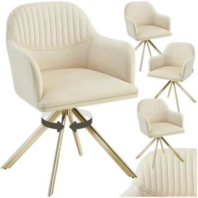 Afbeelding van tectake® 4x Fluwelen Draaistoel Creme/Goud Bureaustoel en Eetkamerstoel met Armleuningen Bureaustoel, Keukenstoel, Woonkamerstoel 56 x 59 81 cm