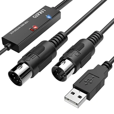Afbeelding van LEKATO MIDI kabel, USB adapter met 5 pins controlelampje, interface, 1,8 m, inter output toetsenbord naar pc/Mac/laptop voor muziekbewerking en trackopname, werkt Windows/Mac
