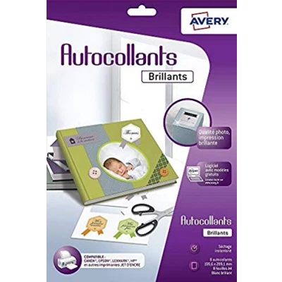 Afbeelding van AVERY Verpakking met 8 glanzende stickers in fotokwaliteit, personaliseerbaar en bedrukbaar, formaat 199,6 x 289,1 mm, inkjetprinter,