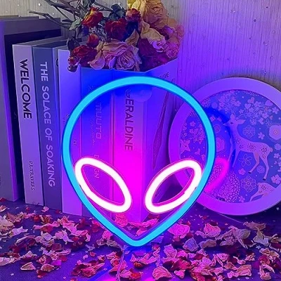 Afbeelding van Led neonborden, neonwandpaneel in de vorm van een buitenaardse kop, voor slaapkamer, kinderkamer, hotel, winkel, restaurant, spel, kantoor, (roze blauw)