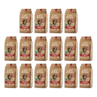 Afbeelding van 16 x 500 g Café Royal Peru Crema Bio geroosterde koffiebonen praktisch formaat zakken van 0,5 kg intensiteit 3/5 bonen 100% duurzame Arabica uit Fairtrade gecertificeerd