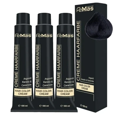 Image de FemMas Lot de 3 teintures pour cheveux, 100 ml, crème professionnelle, enrichie à l’huile d&#039;argan, kératine et céramides, comme coloration permanente ou teinte,noir 1