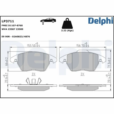 Afbeelding van DELPHI LP3711 Remblokkenset Niet geschikt voor slijtage waarschuwingscontact Met anti kreukplaat Zonder toebehoren VOLKSWAGEN: GOLF 6