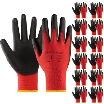 Afbeelding van Velway Werkhandschoenen set van 12 paar slijtvaste handschoenen polyester PU coating veelzijdige tuinhandschoenen voor mechanische industriële logistieke montage rood S/7