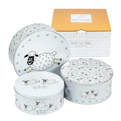 Afbeelding van SPOTTED DOG GIFT COMPANY Taartopbergdoos, set van 3 luchtdichte koekjesdozen metaal, stapelbaar, 25 x 11 cm, 22 10 20 9 gelukkig schaap