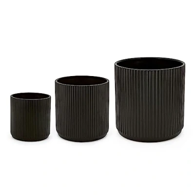 Afbeelding van Amazon Basics Ronde potten van geribbeld keramiek in verschillende maten, 3 stuks, zwart, 15,2/20,3/25,4 cm
