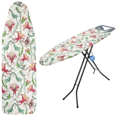 Afbeelding van KADAX Strijkplankhoes met trekkoord om sneller te strijken, universeel, in 2 maten, katoen, rode bloemen, 112 x 32 cm