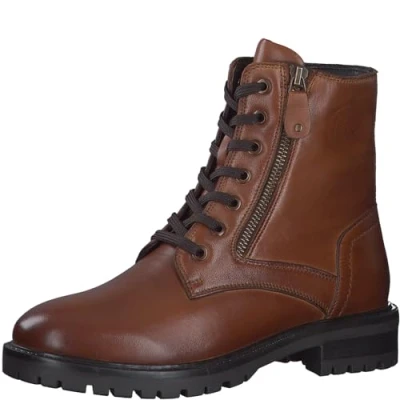 Afbeelding van s.Oliver 5 25219 41 Dameslaarzen met kant, platte enkellaarsjes, Cognac.