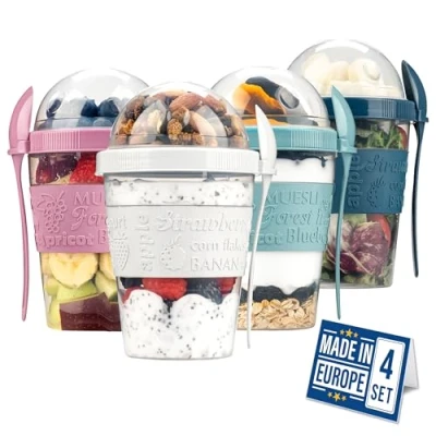 Afbeelding van CRYSTALIA Herbruikbare mueslikom om mee te nemen, 4 stuks, 100% BPA vrij, yoghurt to go, vaatwasser, lunchbox yoghurtdoos, muesli met lepel en deksel, ontbijtdoos