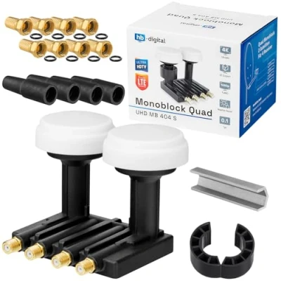 Afbeelding van hb digital Quad LNB UHD MB 404 S LNC monoblock voor 4 deelnemers/directe ontvangers, 2 Astra 19,2 Hotbird 13 Full HD TV 3D 4K + 8 vergulde F stekkers rubberen doppen 1 sleutel