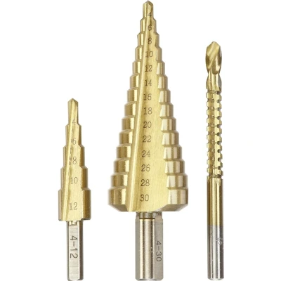 Afbeelding van kwb trapboor, 3 delige set met freesboor, 1 x 4 12 mm, 1x 30 6 titanium genitreerd oppervlak